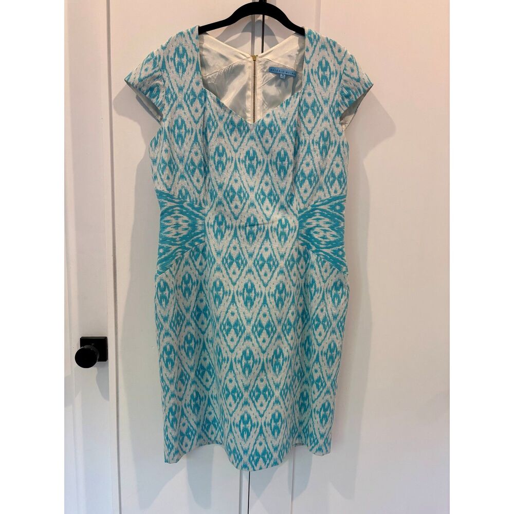 Antonio Melani Ikat Print Sheath Dress Teal White Career Summer Work Dress Sz 14